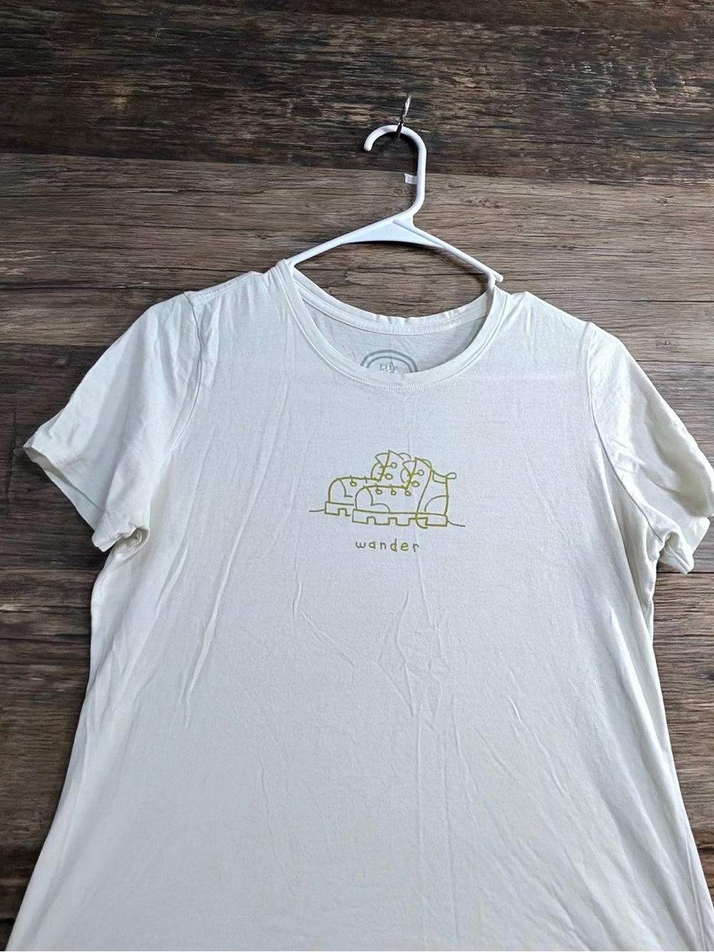 Life Is Good White Wander Crewneck Graphic Tee with Subtle Logo